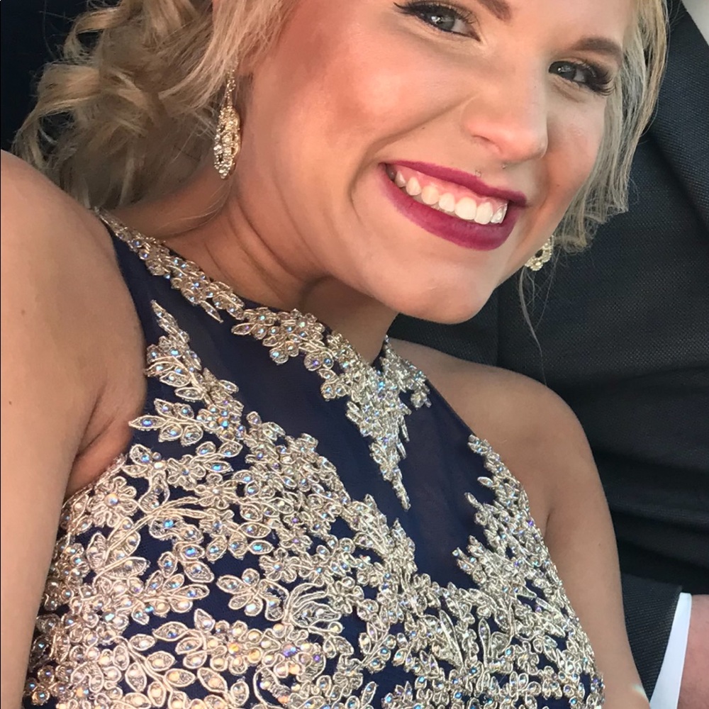 High-Low navy blue and gold prom dress. - Picture 8 of 8